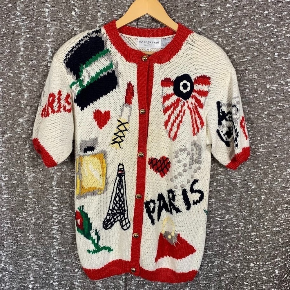 Vintage 90s The Eagles Eye Paris Cardigan Sweater Knit Short Sleeve Novelty Sz M